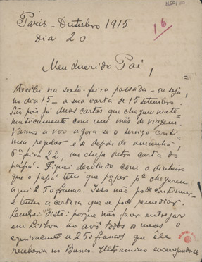  [Carta, 1915 out. 20, Paris a Carlos de Sá Carneiro] / Mario