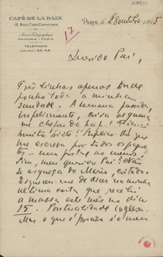  [Carta, 1915 out. 28, Paris a Carlos de Sá Carneiro] / Mario