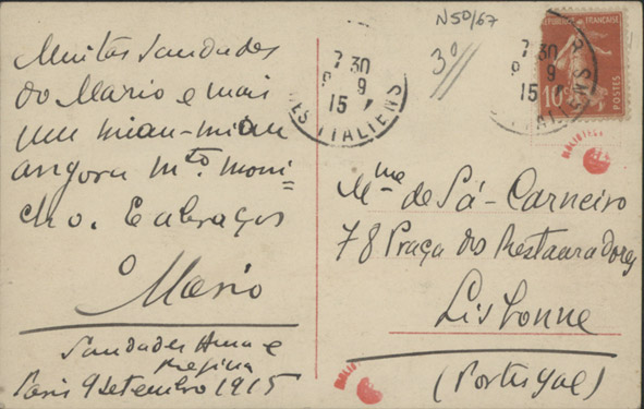  [Bilhete-postal, 1915 set. 9, Paris a Maria Cardoso de Sá Carneiro, Lisboa] / Mario