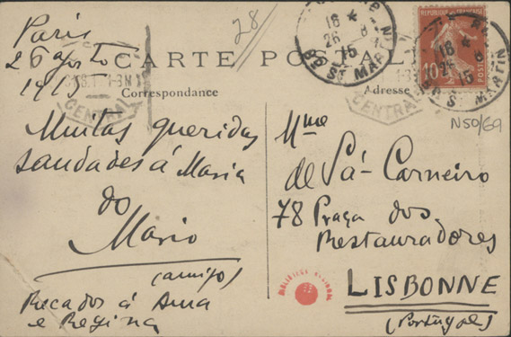  [Bilhete-postal, 1915 ago. 26, Paris a Maria Cardoso de Sá Carneiro, Lisboa] / Mario