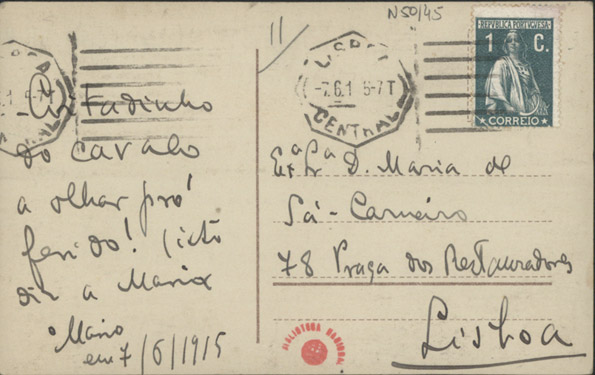  [Bilhete-postal, 1915 jun. 7, Lisboa a Maria Cardoso de Sá Carneiro, Lisboa] / Mario