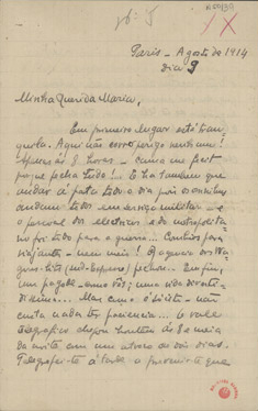  [Carta, 1914 ago. 9, Paris a Maria Cardoso de Sá Carneiro] / Mário