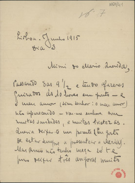  [Carta, 1915 jun. 3, Lisboa a Maria Cardoso de Sá Carneiro, Lisboa] / Mario