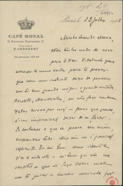  [Carta, 1915 jul. 23, Paris a Maria Cardoso de Sá Carneiro] / Mario