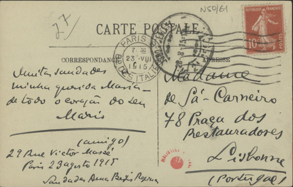  [Bilhete-postal, 1915 ago. 23, Paris a Maria Cardoso de Sá Carneiro, Lisboa] / Mário