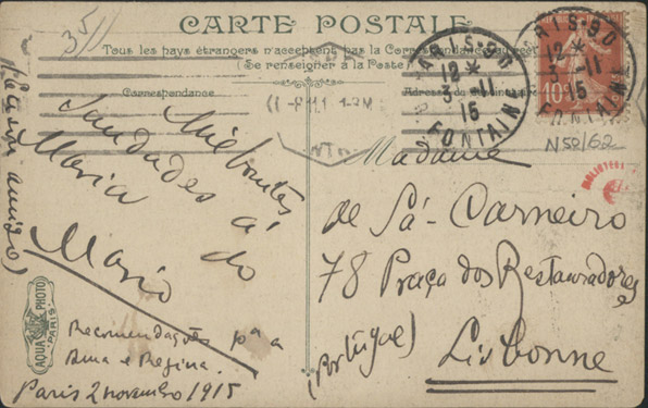  [Bilhete-postal, 1915 nov. 2, Paris a Maria Cardoso de Sá Carneiro, Lisboa] / Mario