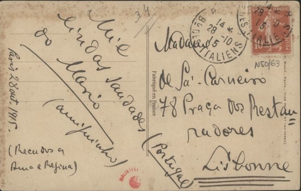  [Bilhete-postal, 1915 out. 28, Paris a Maria Cardoso de Sá Carneiro, Lisboa] / Mario