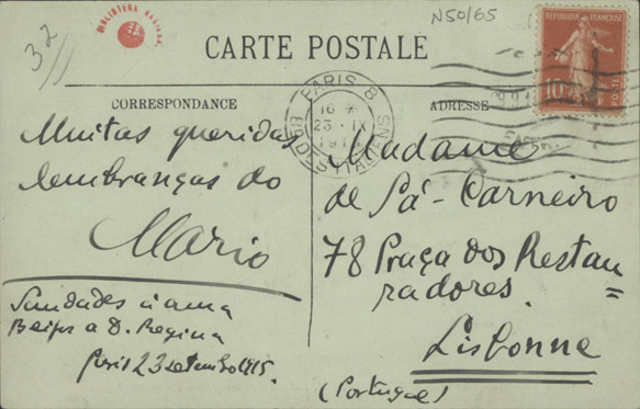  [Bilhete-postal, 1915 set. 23, Paris a Maria Cardoso de Sá Carneiro, Lisboa] / Mário