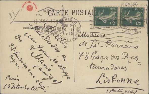  [Bilhete-postal, 1915 set. 15, Paris a Maria Cardoso de Sá Carneiro, Lisboa] / Mario